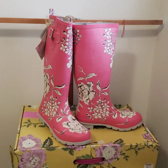 Joules Womans Pink W/ White Floral Print Rain Boots - Picture 1 of 11